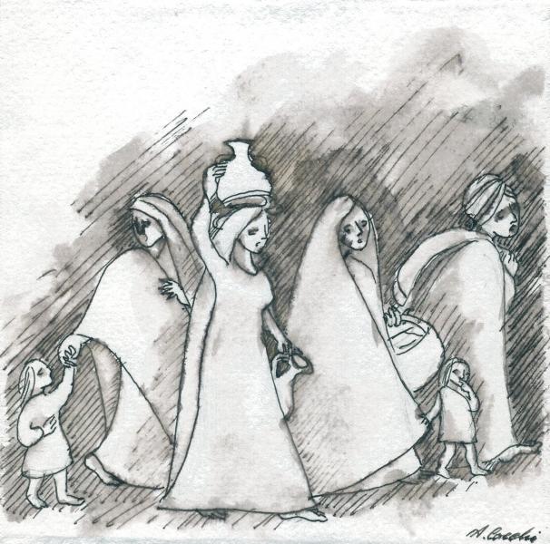 Christmas Crib. Offerers. 2004. China ink on paper. cm.       Copyright © A. Cocchi 2004