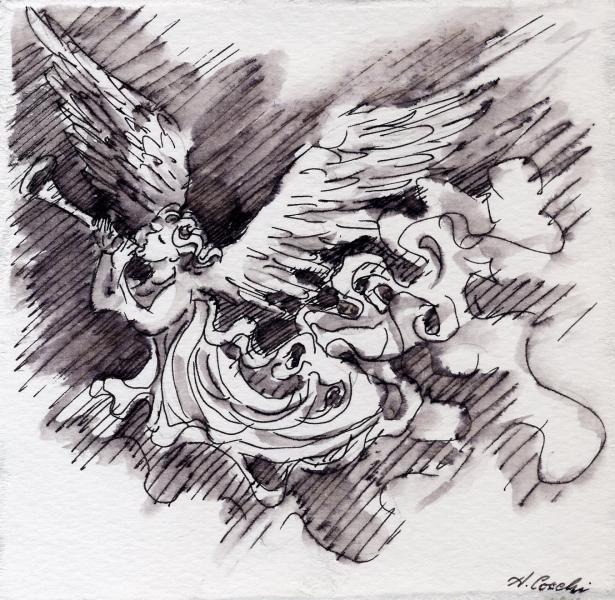 Christmas Crib. Trumpet angel. 2004. China ink on paper. cm.       Copyright © A. Cocchi 2004