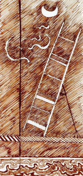 Ladder for the wind and moon. 2001. Sepia ink. cm. 29,6X21.  Copyright  A. Cocchi ©2001.