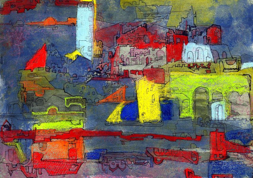  The town on the border. 2001. Mixed tecnique. cm. 29,6.X41,9  Copyright  A. Cocchi ©2001