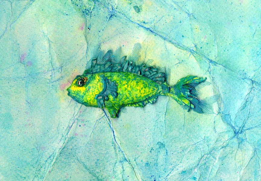 Fossile futuro. Verde-giallo. 1997. Collage, rilievo e inchiostri su carta. cm. 17,4X29. Copyright  A. Cocchi ©1997
