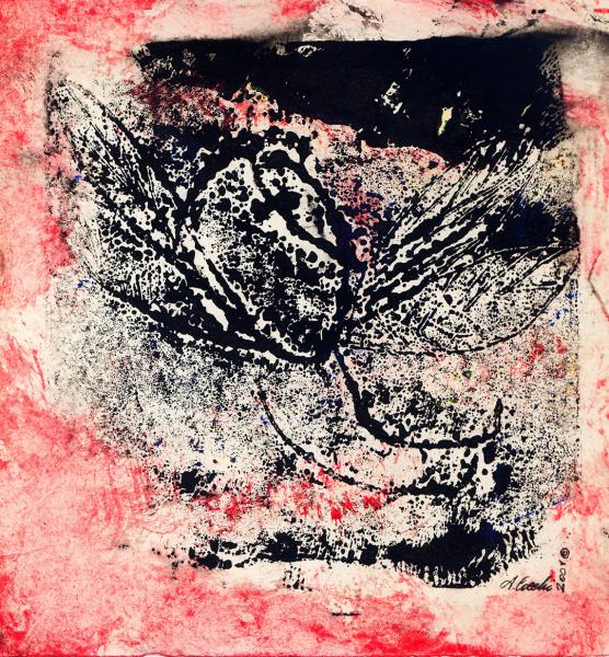 Il vento rosso.  Incisione su matrice in cartone, inchiostri  su carta. cm. 29X20,5. Copyright A. Cocchi ©2001   