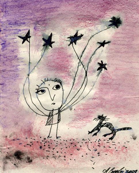 L'uomo con le stelle nere. 2001. China, tempera e pastelli su carta. cm. 25X16,6. Copyright  A. Cocchi ©2001. Collezione privata