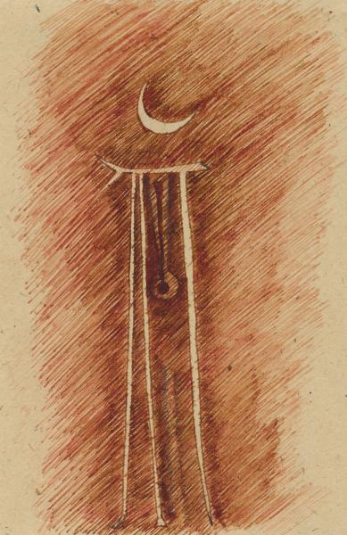 La Luna e il pendolo. 2001. Inchiostro seppia su carta. cm. 29,6X21.  Copyright  A. Cocchi ©2001.